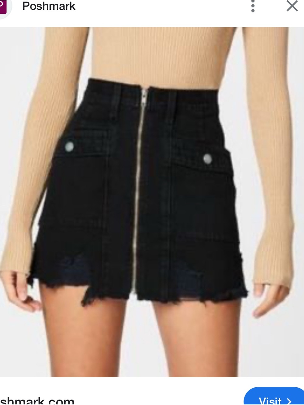 Bershka M Black High-Waist Front-Zip Denim Mini Skirt with Patch Pockets